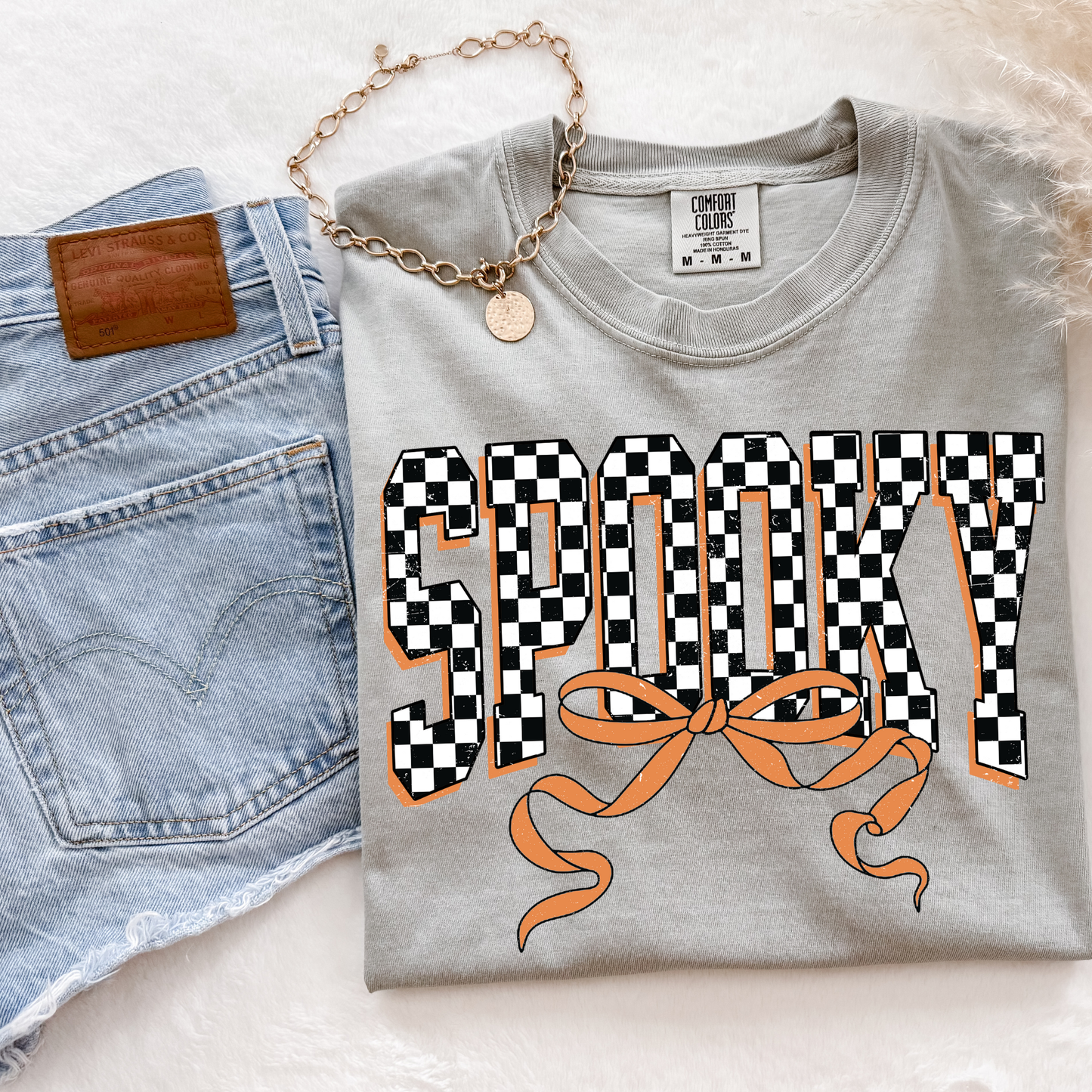 🕸️ Spooky Checkered Bow Tee