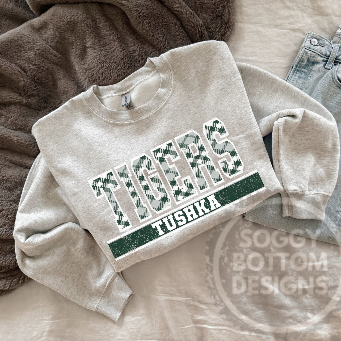 Tushka Tigers Plaid Varsity Crewneck Sweatshirt