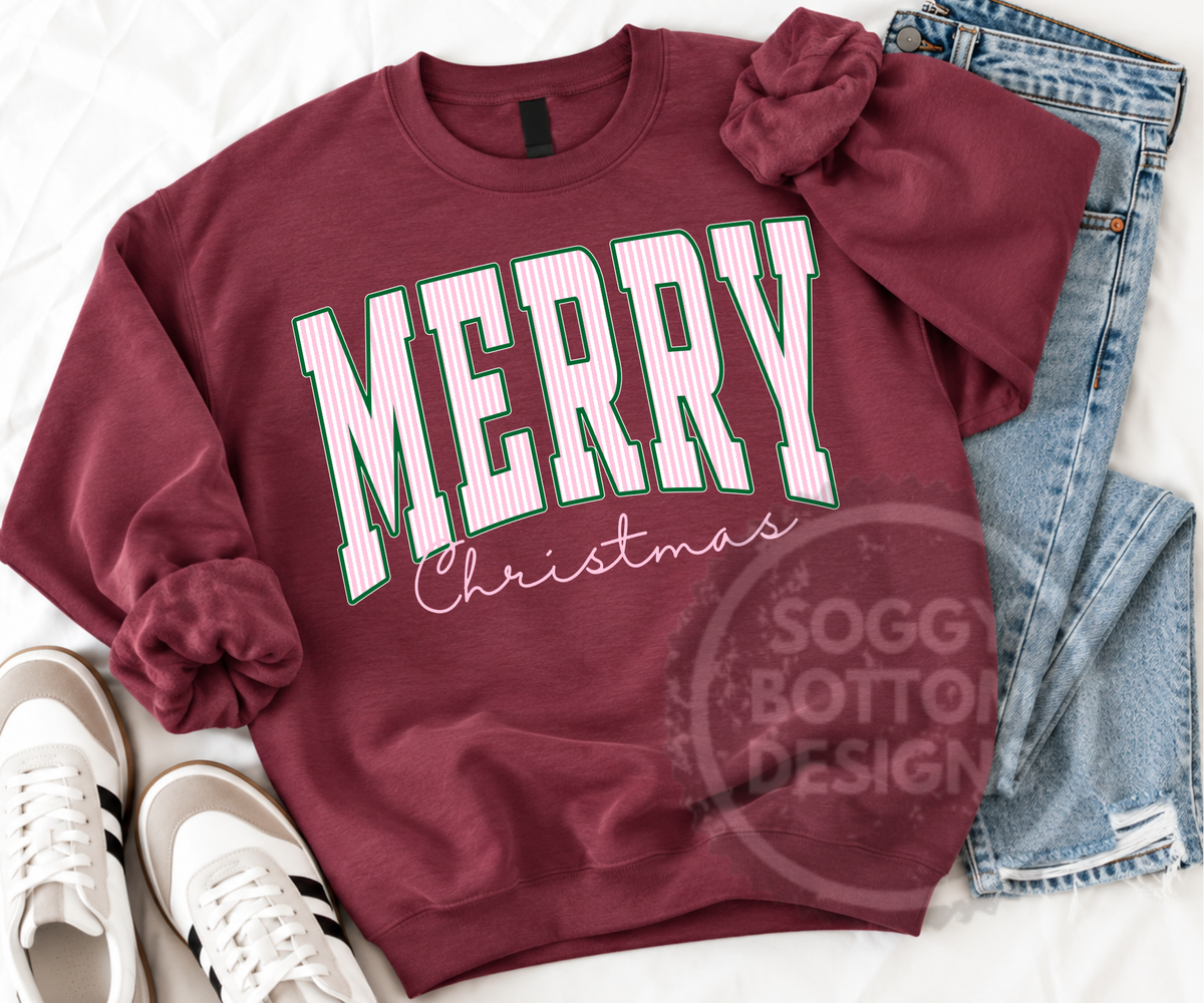 Merry Christmas Pink Stripe Tee or Sweatshirt