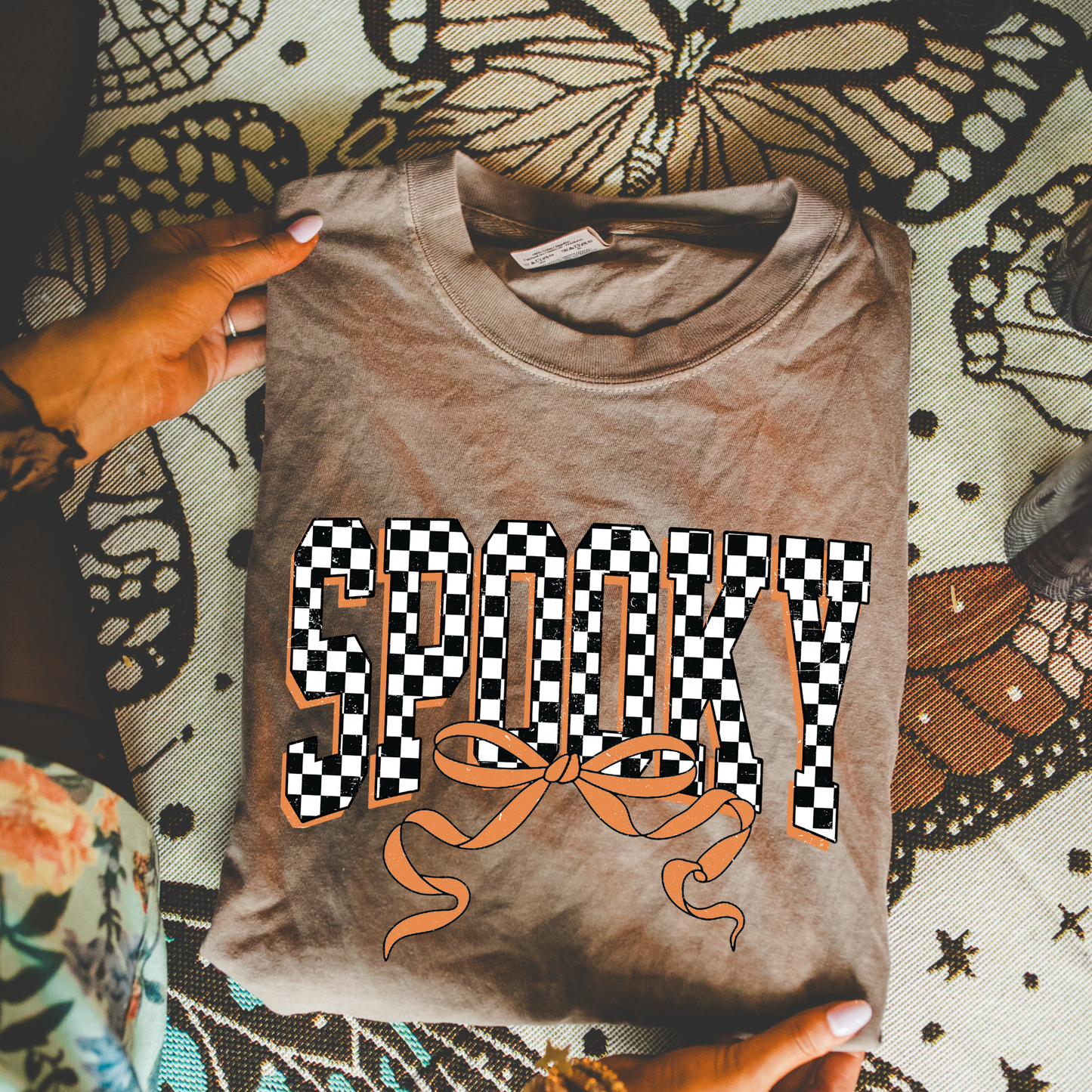 🕸️ Spooky Checkered Bow Tee