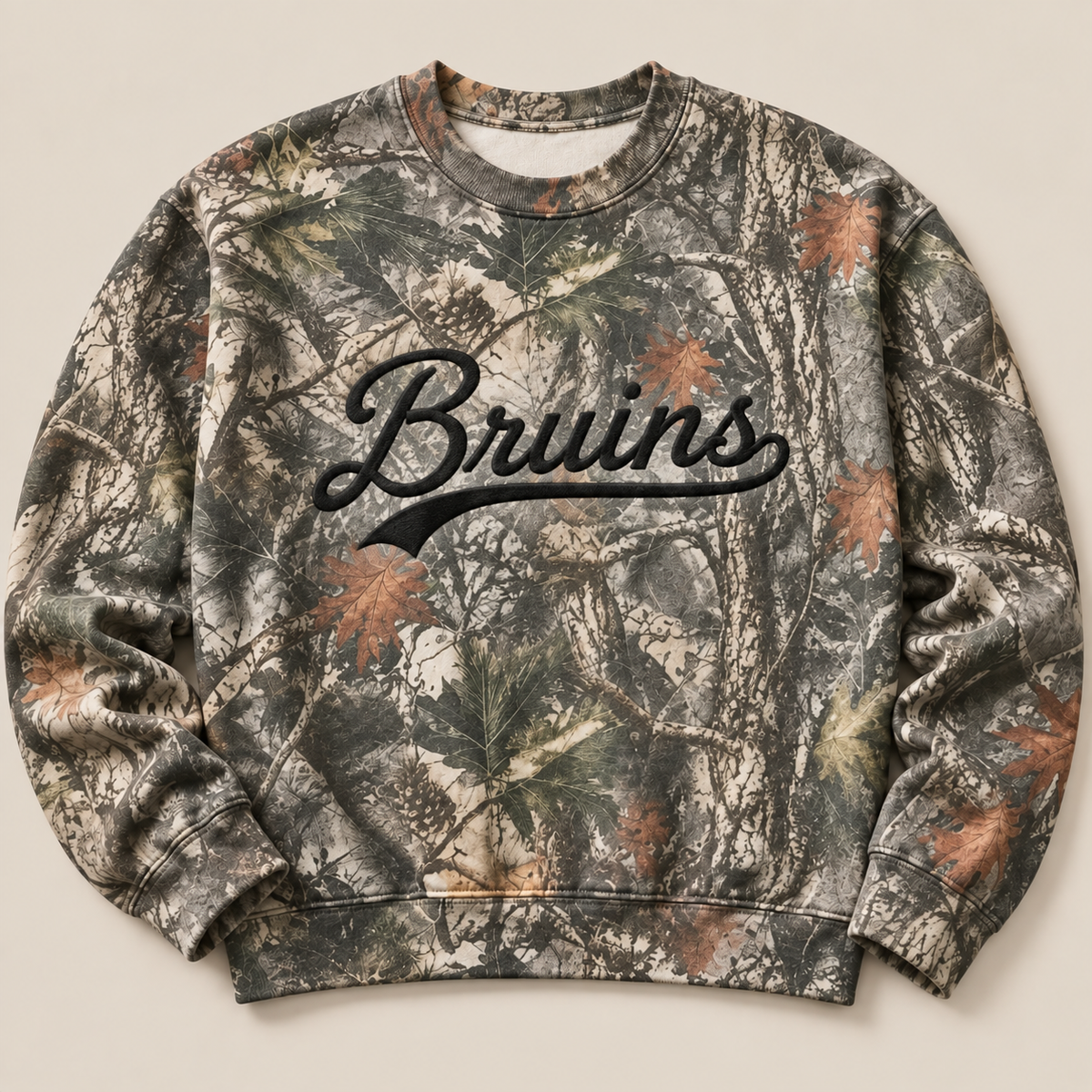 Camo Bruins Script Crewneck