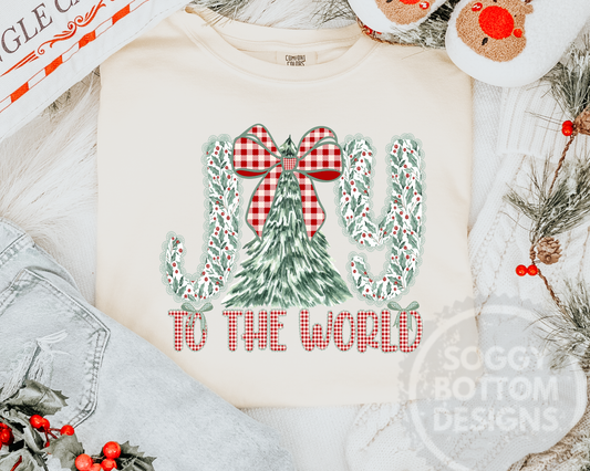 Joy to the World Gingham Bow & Holly Christmas Tee