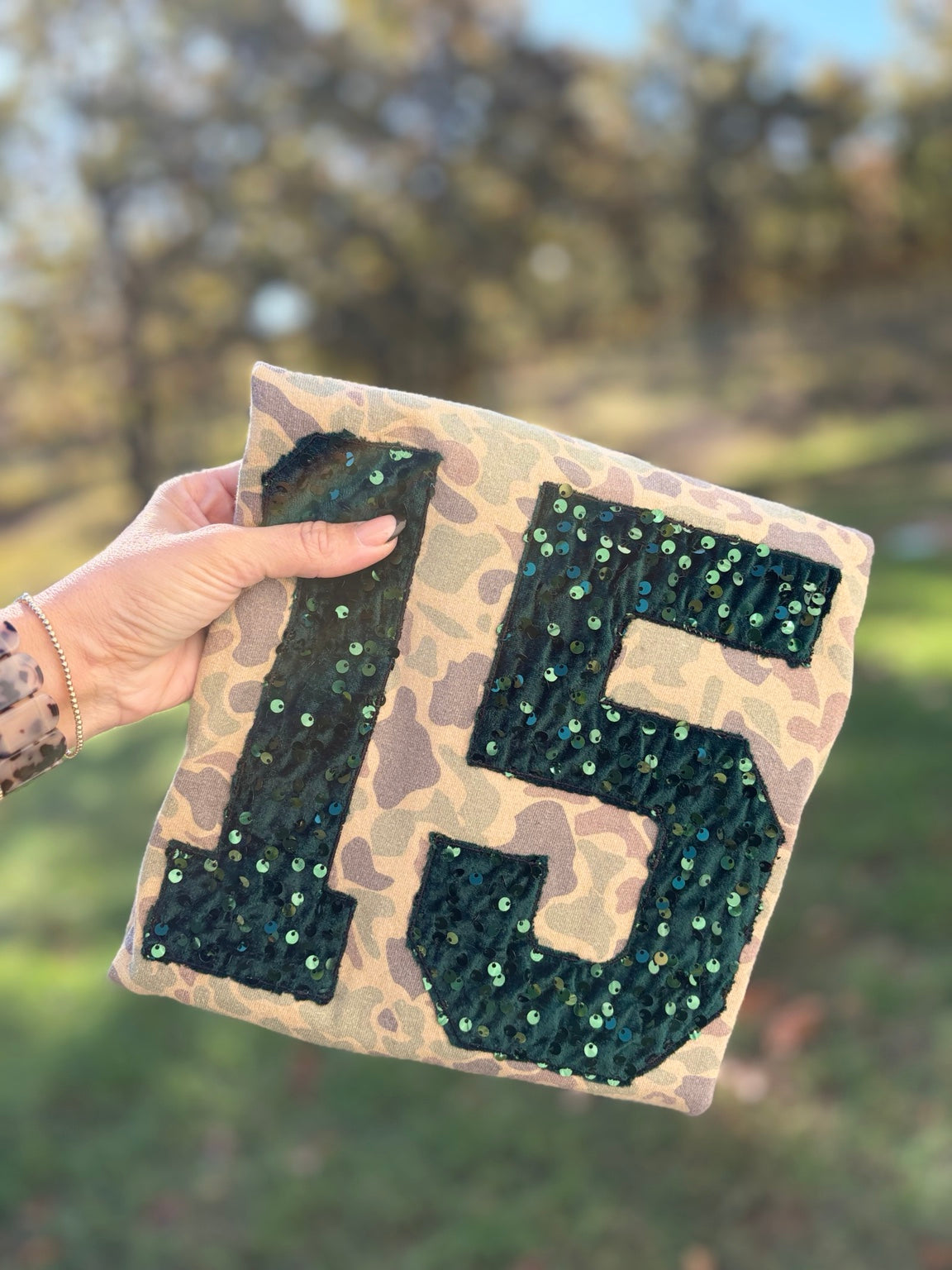 Camo Sequin Varsity Number Tee